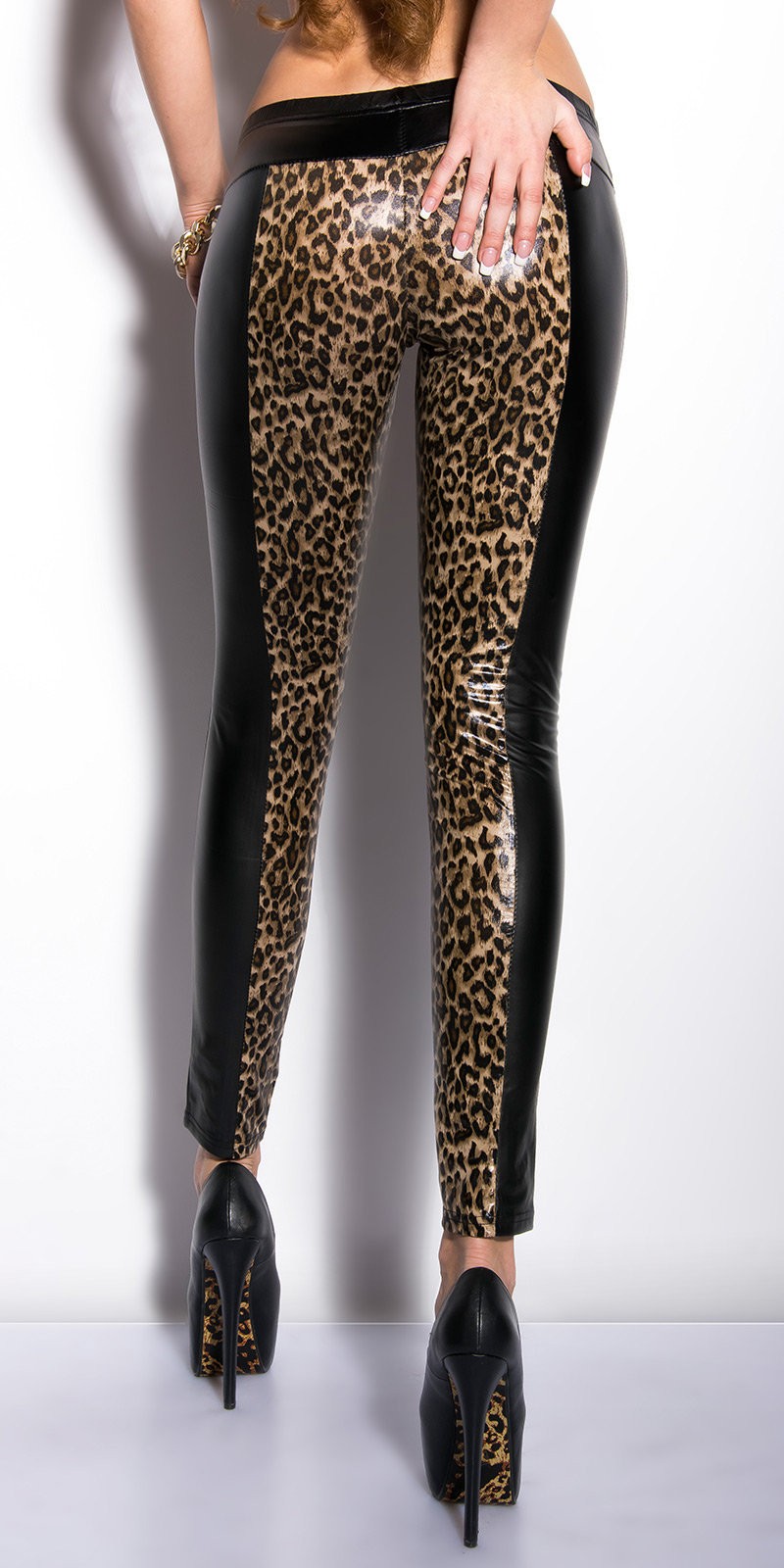 F8473 LONG PANTS WOMAN LEGGINGS LEGGINGS BLACK LEOPARD SKIN EFFECT